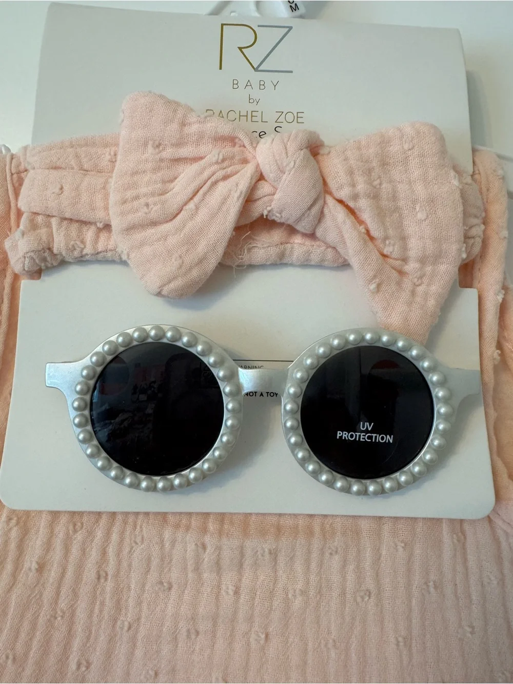 Rachel Zoe Pink Ruffle Baby Romper with Headband & Pearl-Trim Sunglasses